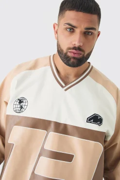 boohooMAN Plus Oversized PU Raglan Embroidered Varsity Shirt | UK| Hoodies & Sweatshirts
