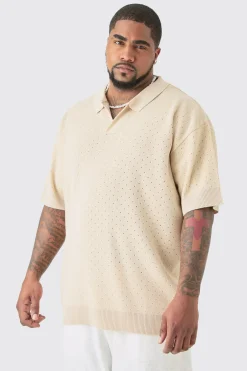Plus Oversized Revere Crochet Polo | UK^boohooMAN
