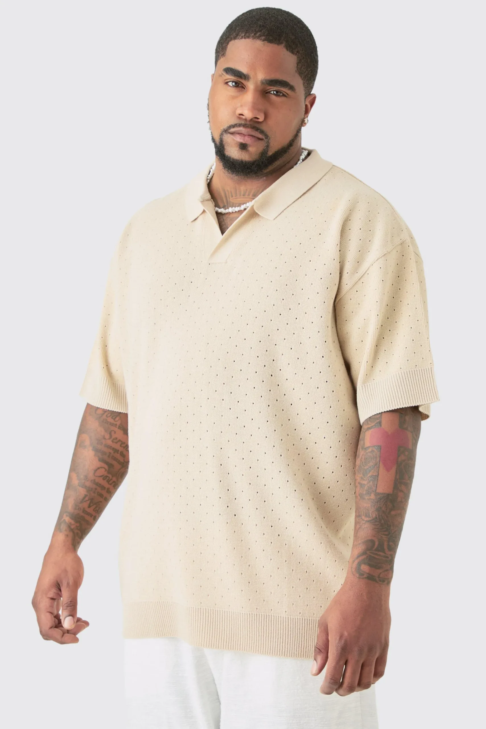 Plus Oversized Revere Crochet Polo | UK^boohooMAN