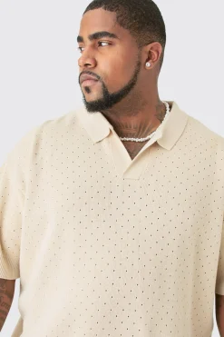 Plus Oversized Revere Crochet Polo | UK^boohooMAN