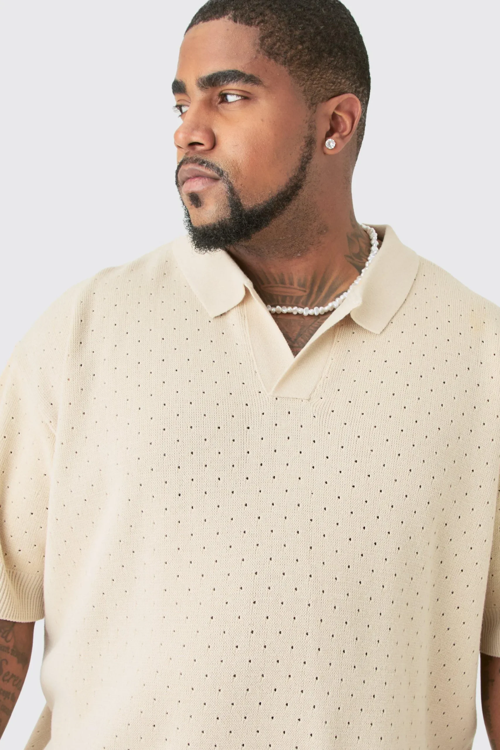 Plus Oversized Revere Crochet Polo | UK^boohooMAN