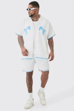 boohooMAN Plus Oversized Seersucker Palm Embroidered Shirt & Short Set | UK| Sets & Co-Ords