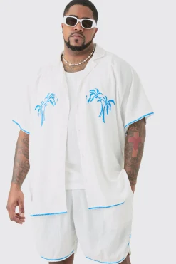 boohooMAN Plus Oversized Seersucker Palm Embroidered Shirt & Short Set | UK| Sets & Co-Ords