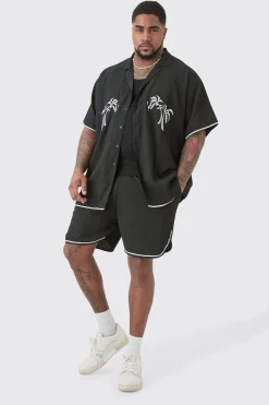 boohooMAN Plus Oversized Seersucker Palm Embroidered Shirt & Short Set | UK| Sets & Co-Ords