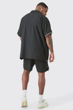 boohooMAN Plus Oversized Seersucker Palm Embroidered Shirt & Short Set | UK| Sets & Co-Ords