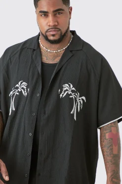 boohooMAN Plus Oversized Seersucker Palm Embroidered Shirt & Short Set | UK| Sets & Co-Ords