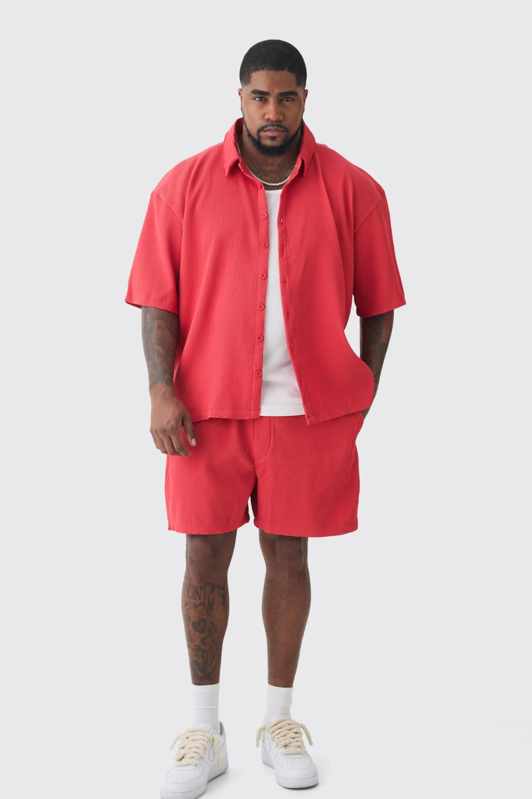 boohooMAN Plus Oversized Short Sleeve Pleated Shirt & Short Set In | UK| Sets & Co-Ords