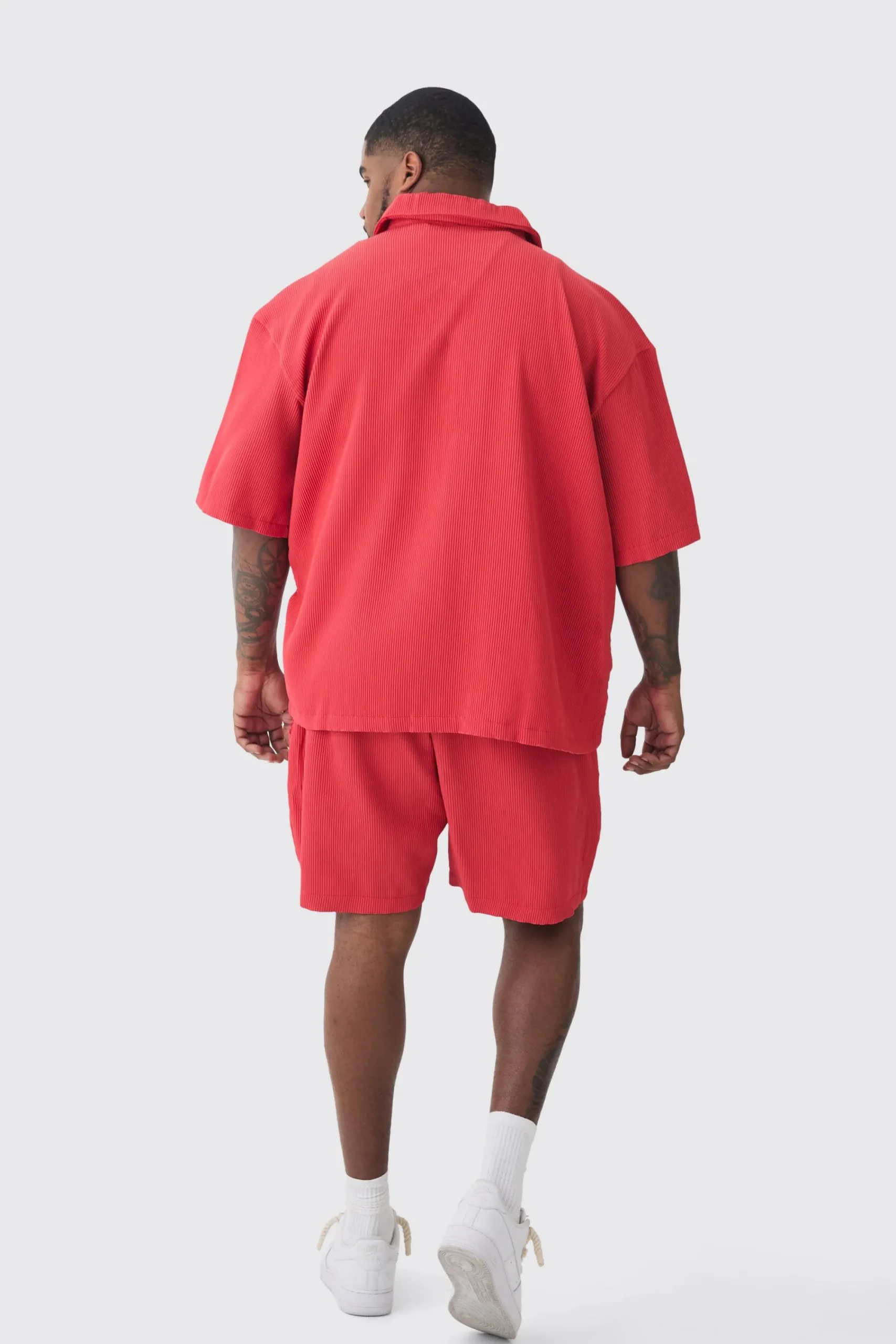 boohooMAN Plus Oversized Short Sleeve Pleated Shirt & Short Set In | UK| Sets & Co-Ords