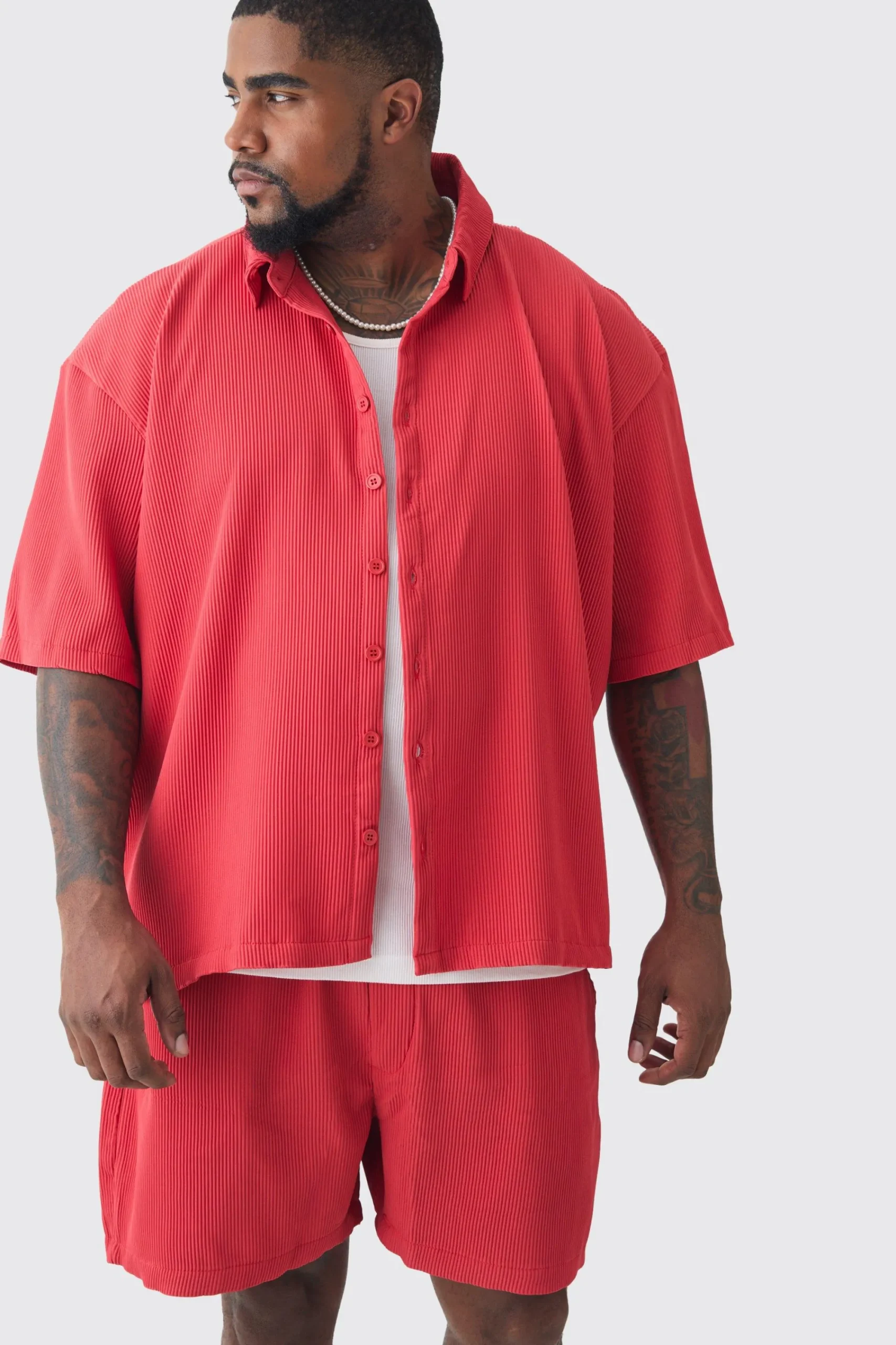 boohooMAN Plus Oversized Short Sleeve Pleated Shirt & Short Set In | UK| Sets & Co-Ords