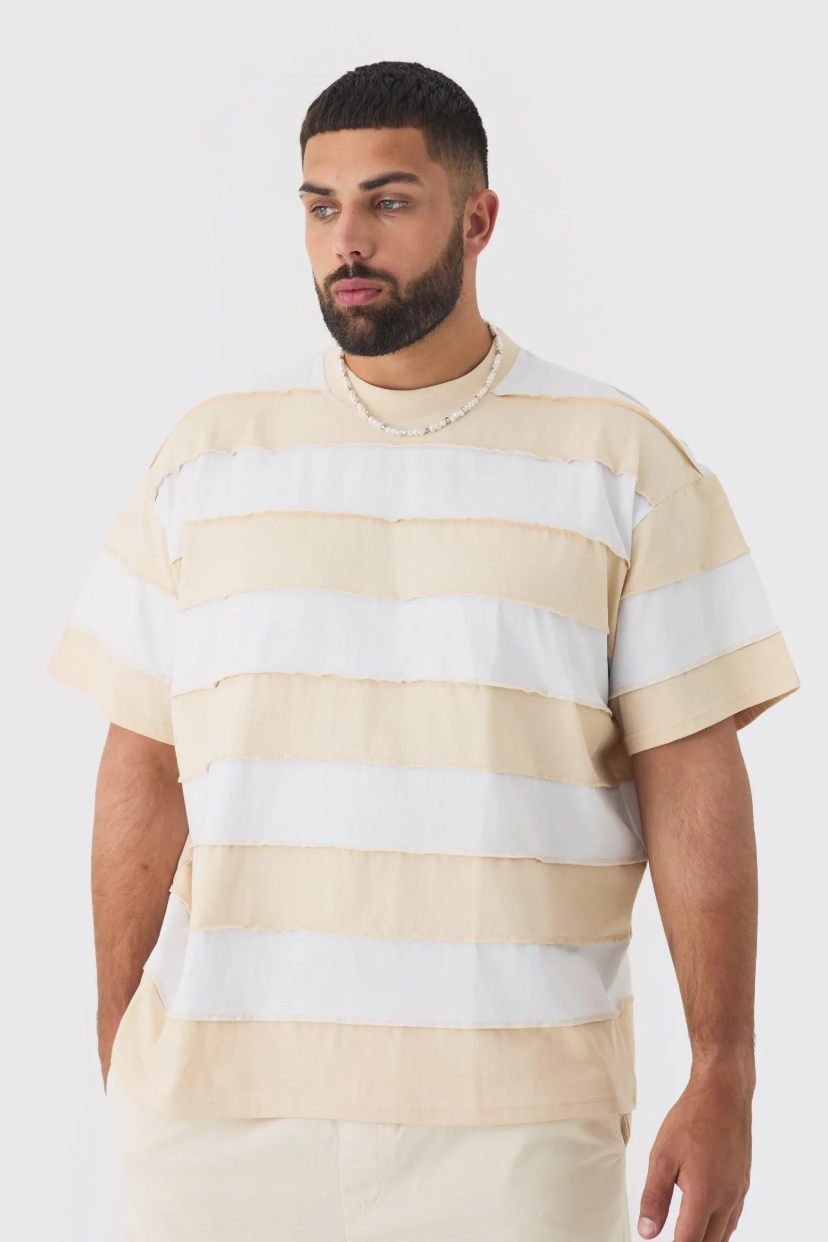 Plus Oversized Stripe Raw Seam T-shirt | UK^boohooMAN Hot
