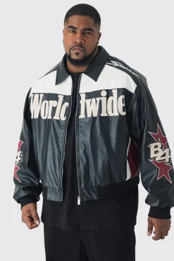boohooMAN Plus Oversized Worldwide Collared Pu Bomber Jacket In | UK| Coats & Jackets