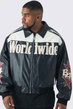 boohooMAN Plus Oversized Worldwide Collared Pu Bomber Jacket In | UK| Coats & Jackets