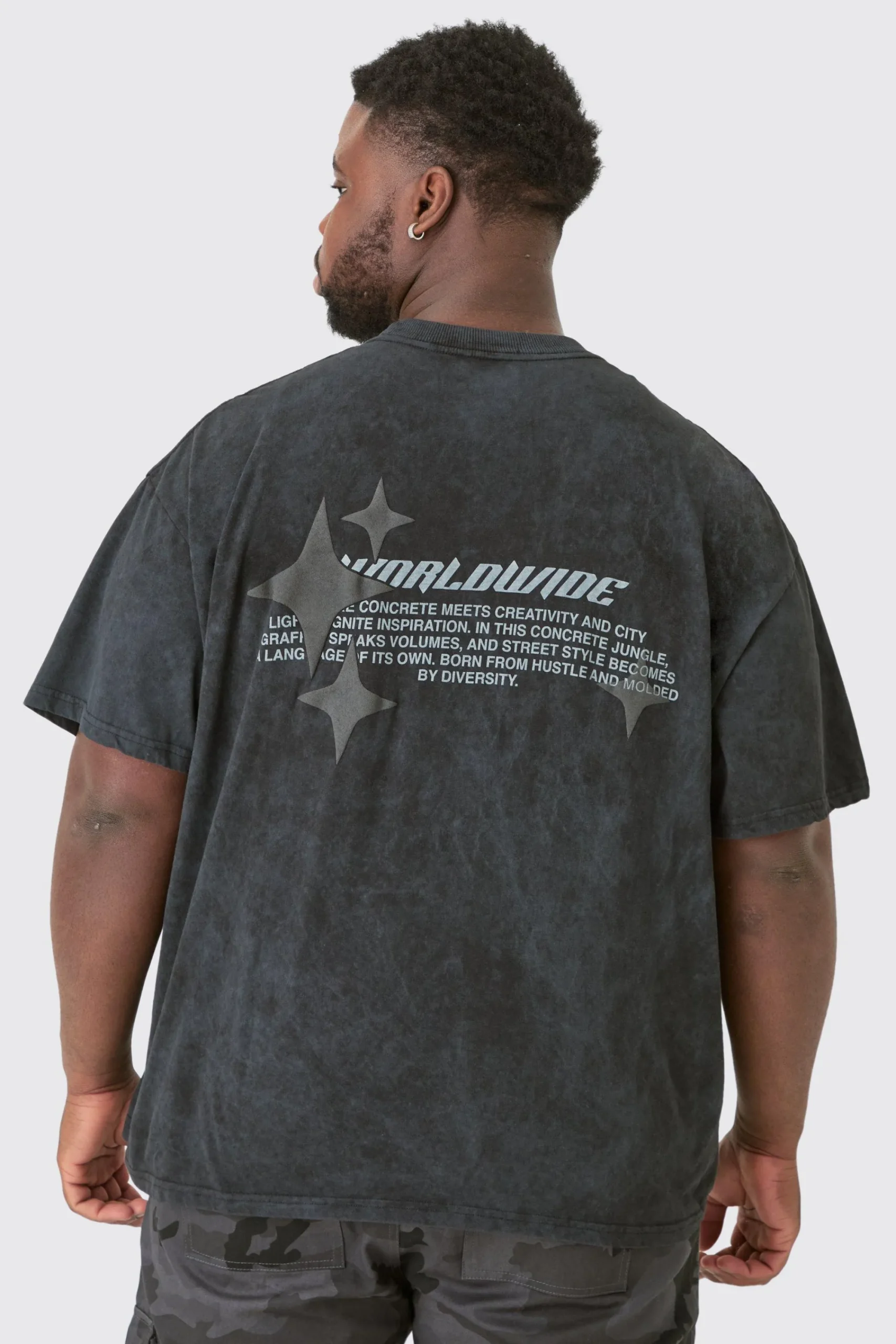Plus Oversized Worldwide Back Print Star Puff In Acid Wash | UK^boohooMAN New