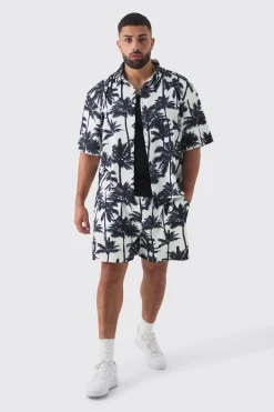 boohooMAN Plus Palm Printed Oversized Short Sleeve Pleated Shirt & Short Set | UK| Sets & Co-Ords