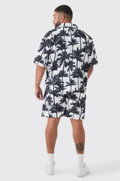 boohooMAN Plus Palm Printed Oversized Short Sleeve Pleated Shirt & Short Set | UK| Sets & Co-Ords