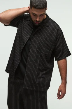 boohooMAN Plus Pinstripe Revere Shirt & Relaxed Trouser Set | UK| Trousers|Sets & Co-Ords