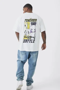 Plus Pokemon Battle Printed Licensed Back Print T-shirt In Ecru | UK^boohooMAN Hot