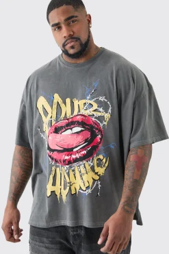 Plus Pour Homme Lips T-shirt In Acid Wash | UK^boohooMAN Best