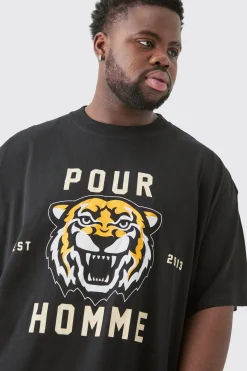 Plus Pour Homme Tiger Graphic Oversized T-shirt | UK^boohooMAN Outlet