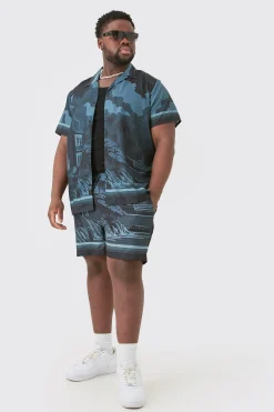 boohooMAN Plus Regular Landscape Grayscale Print Shirt & Swim Short Set | UK| Sets & Co-Ords