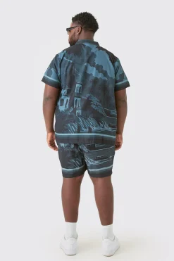 boohooMAN Plus Regular Landscape Grayscale Print Shirt & Swim Short Set | UK| Sets & Co-Ords