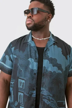 boohooMAN Plus Regular Landscape Grayscale Print Shirt & Swim Short Set | UK| Sets & Co-Ords