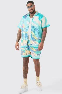 boohooMAN Plus Regular Landscape Print Shirt & Swim Short Set | UK| Sets & Co-Ords