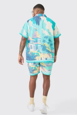 boohooMAN Plus Regular Landscape Print Shirt & Swim Short Set | UK| Sets & Co-Ords