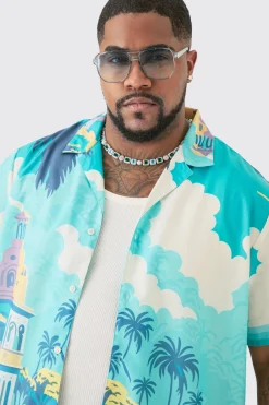 boohooMAN Plus Regular Landscape Print Shirt & Swim Short Set | UK| Sets & Co-Ords