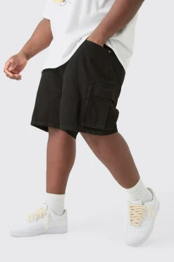 boohooMAN Plus Rigid Denim Relaxed Fit Cargo Shorts In Black | UK| Shorts