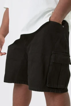 boohooMAN Plus Rigid Denim Relaxed Fit Cargo Shorts In Black | UK| Shorts