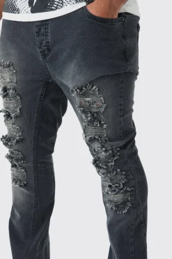 boohooMAN Plus Ripped Gusset Detail Stretch Skinny Flared Jeans | UK| Trousers|Jeans