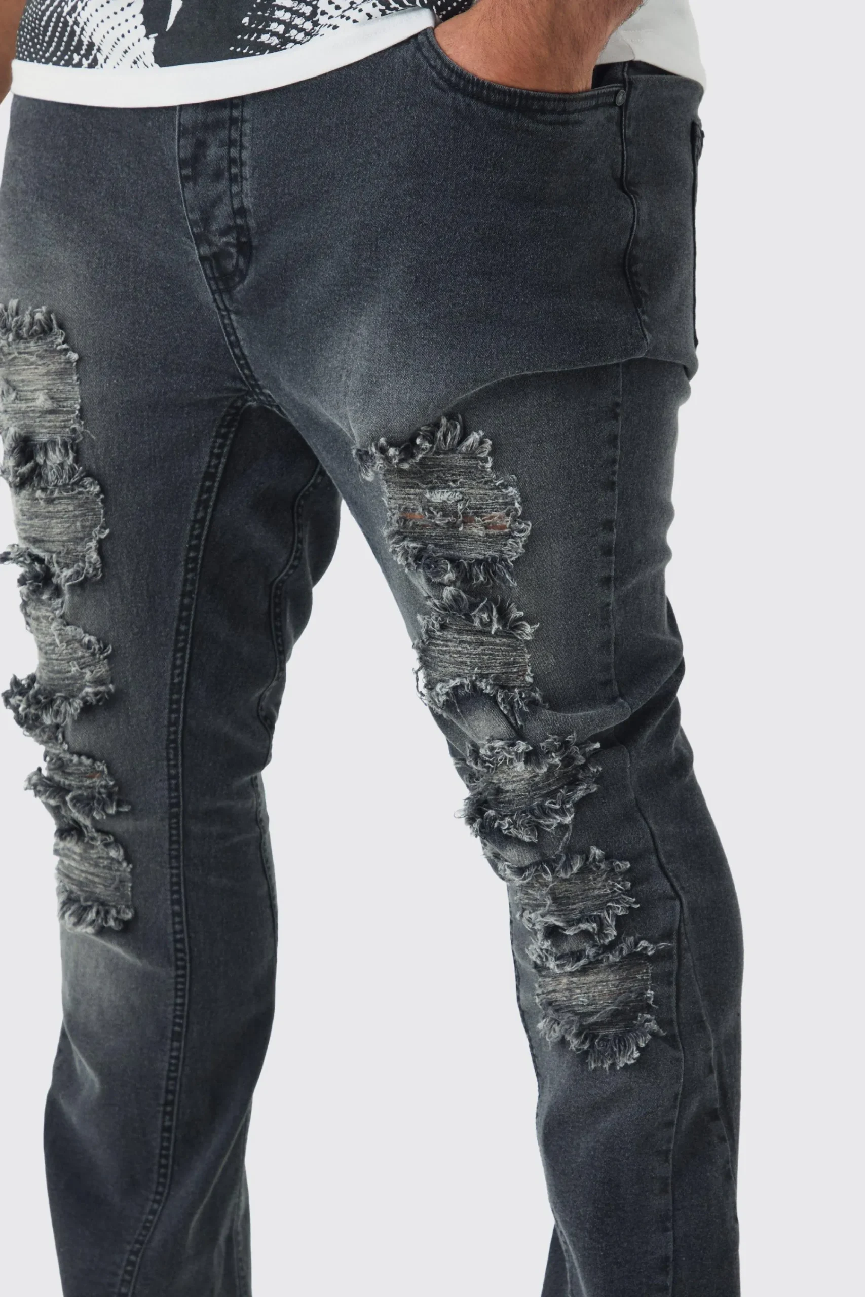 boohooMAN Plus Ripped Gusset Detail Stretch Skinny Flared Jeans | UK| Trousers|Jeans