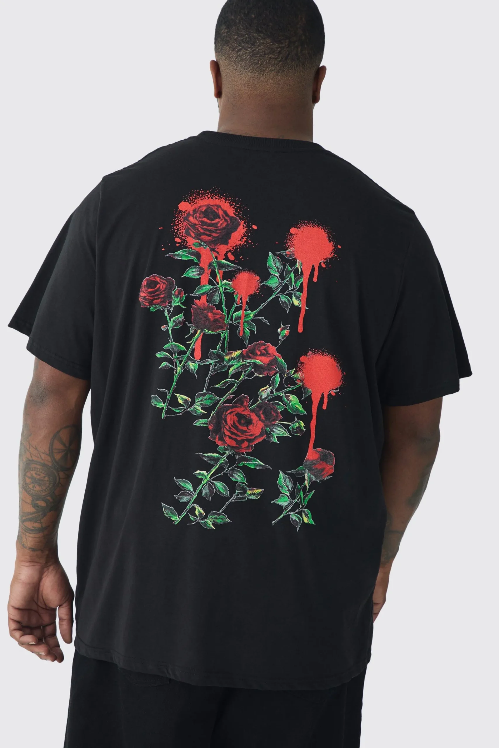 Plus Rose Floral Back Print T-shirt | UK^boohooMAN Clearance