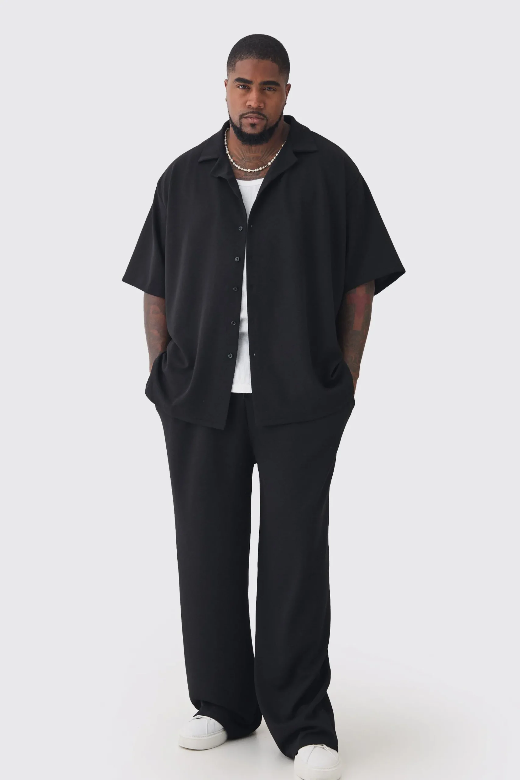 boohooMAN Plus Scuba Twill Oversized Shirt & Trouser Set | UK| Sets & Co-Ords