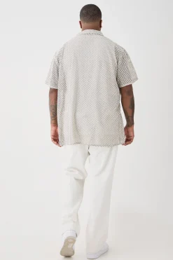 boohooMAN Plus Short Sleeve Oversized Revere Abstract Open Weave Shirt | UK| Shirts