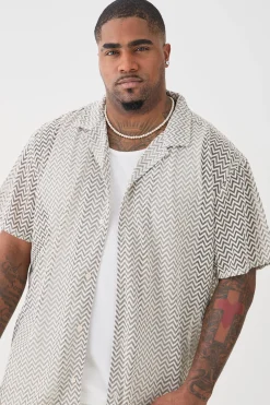 boohooMAN Plus Short Sleeve Oversized Revere Abstract Open Weave Shirt | UK| Shirts