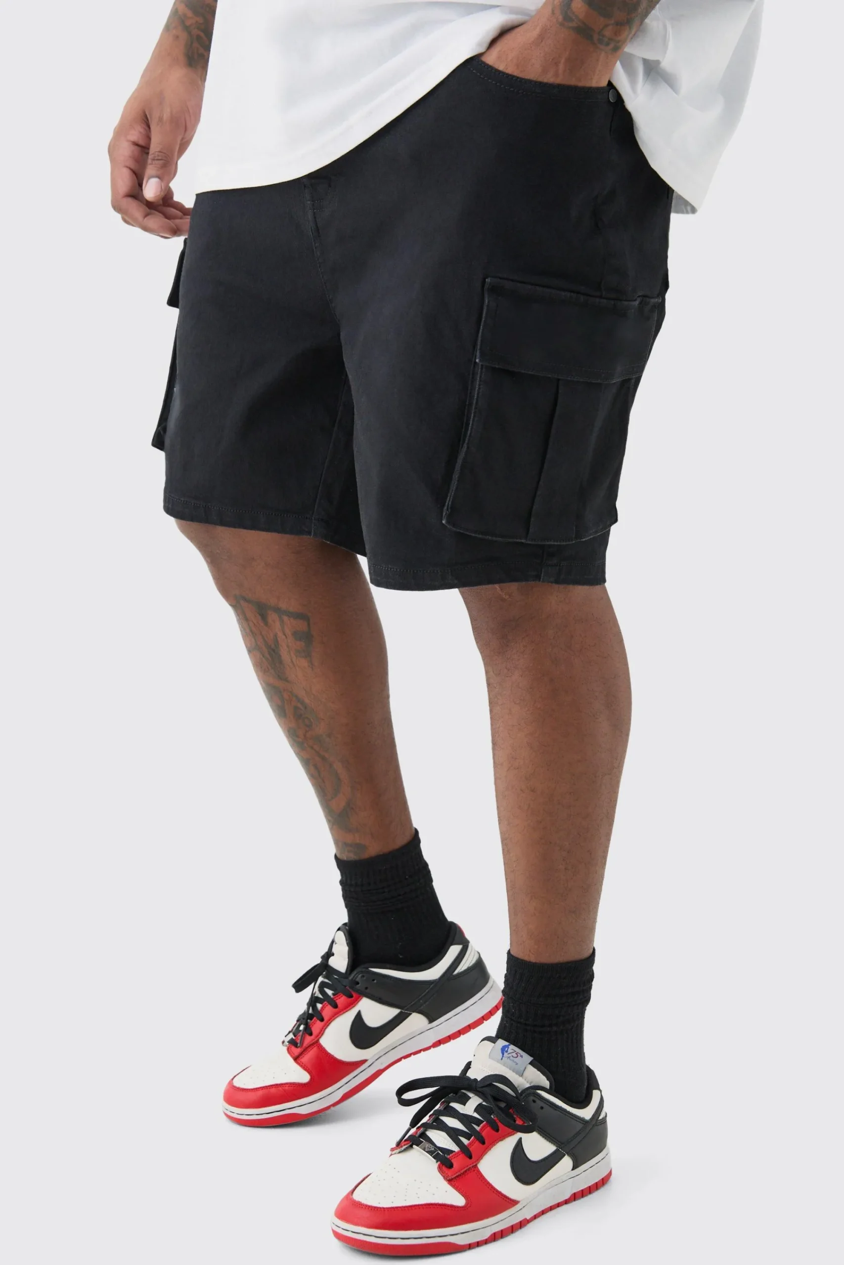 boohooMAN Plus Skinny Stretch Cargo Denim Shorts In Black | UK| Shorts
