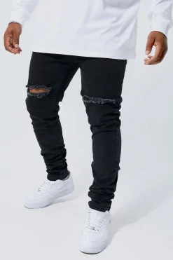 boohooMAN Plus Skinny Stretch Stacked Ripped Knee Jeans | UK| Trousers|Jeans