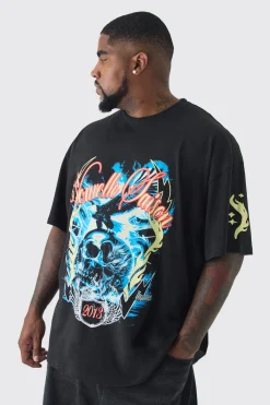 Plus Skull Flame Print Oversized T-shirt In | UK^boohooMAN New