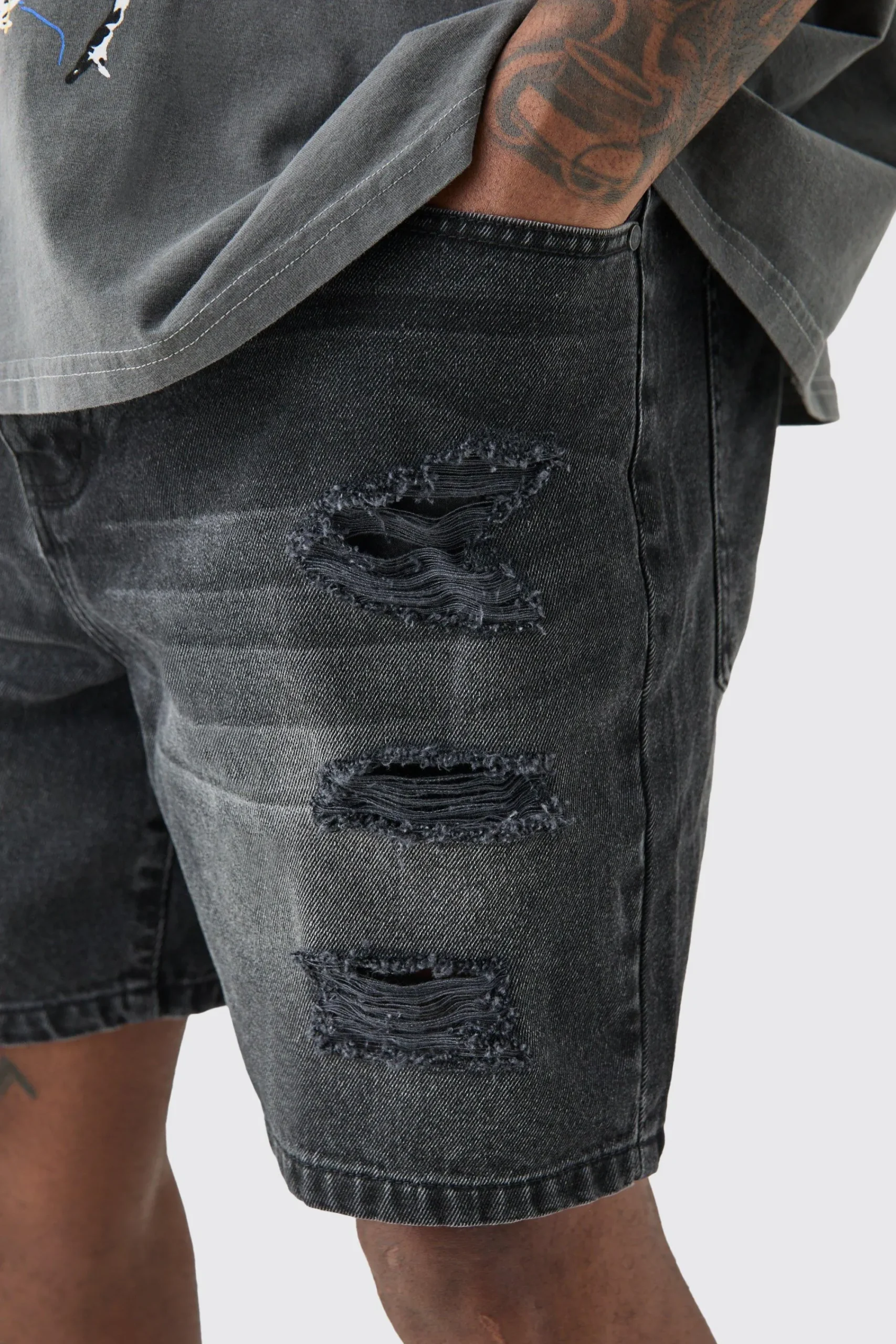 boohooMAN Plus Slim Fit Distressed Denim Shorts In | UK| Shorts