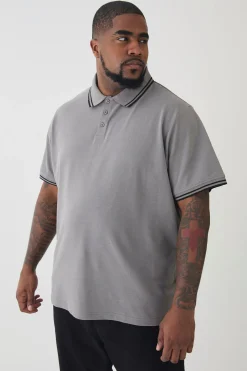 Plus Slim Tipped Pique Polo In Slate | UK^boohooMAN Sale