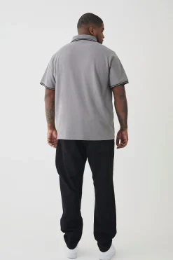 Plus Slim Tipped Pique Polo In Slate | UK^boohooMAN Sale