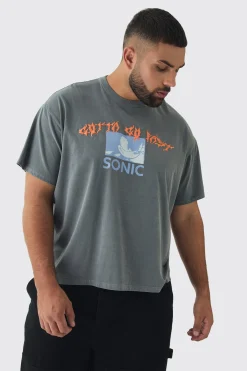 Plus Sonic Licence Washed T-shirt In Grey | UK^boohooMAN Discount