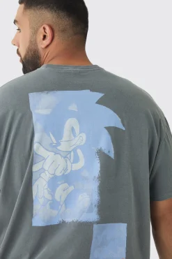 Plus Sonic Licence Washed T-shirt In Grey | UK^boohooMAN Discount
