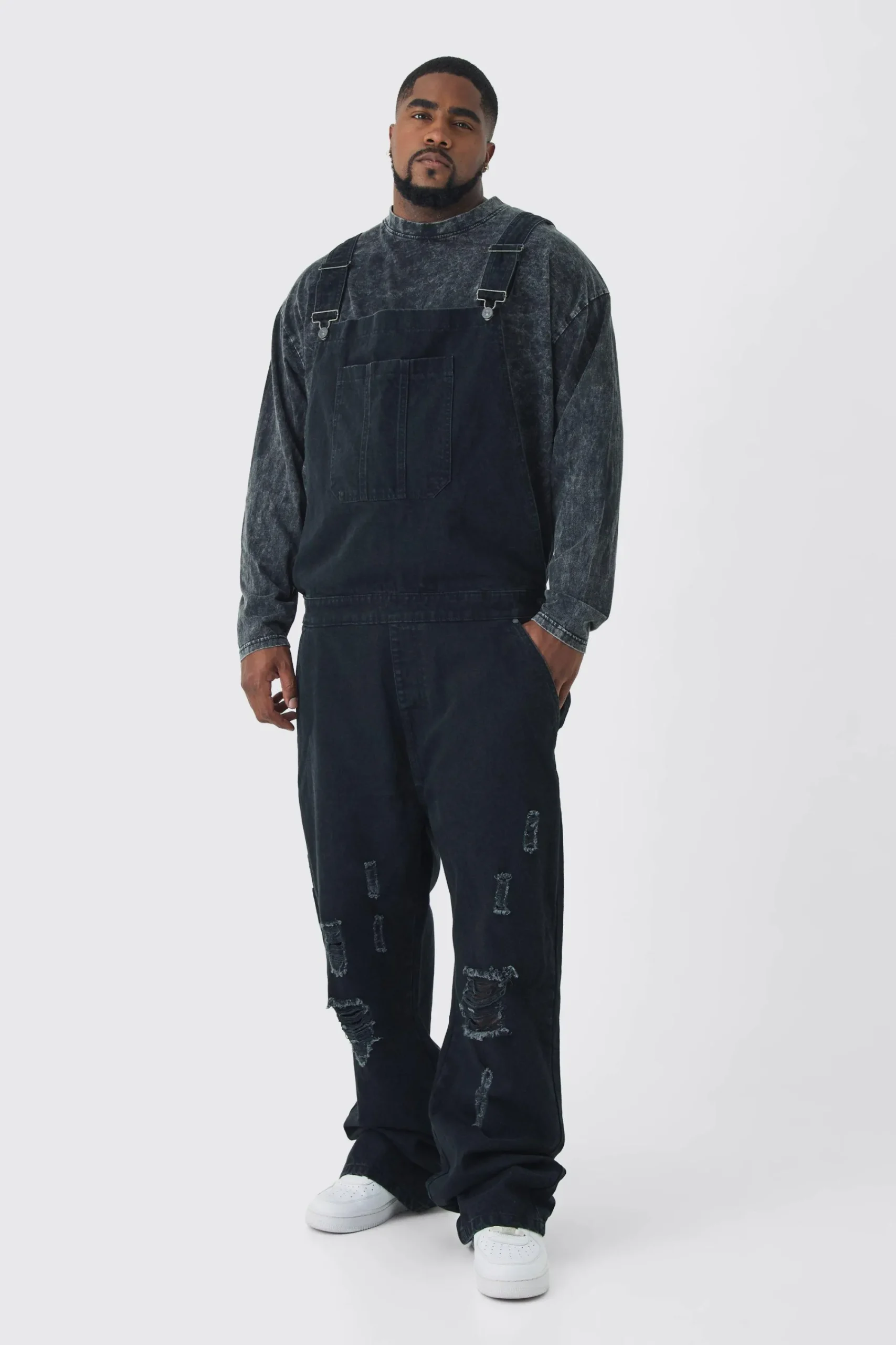 boohooMAN Plus Straight Leg Distressed Dungaree | UK| Trousers|Jeans