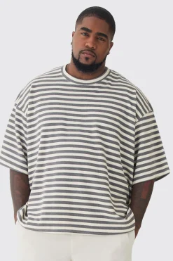 Plus Stripe Compact Rib Boxy Oversized T-Shirt | UK^boohooMAN