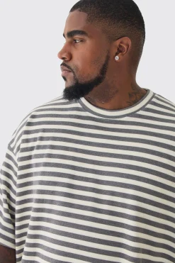Plus Stripe Compact Rib Boxy Oversized T-Shirt | UK^boohooMAN