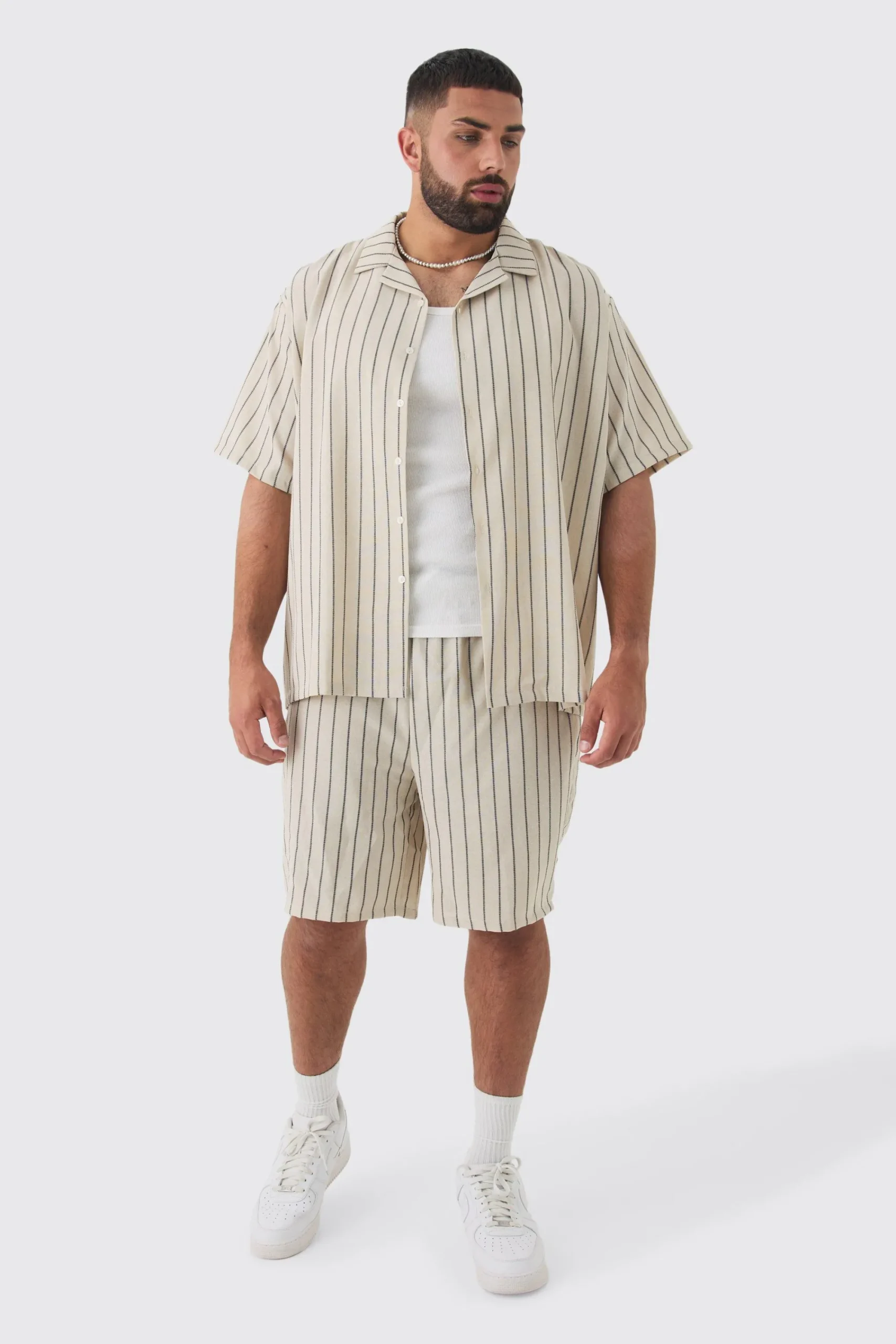 boohooMAN Plus Stripe Linen Revere Collar Shirt & Short Set | UK| Sets & Co-Ords