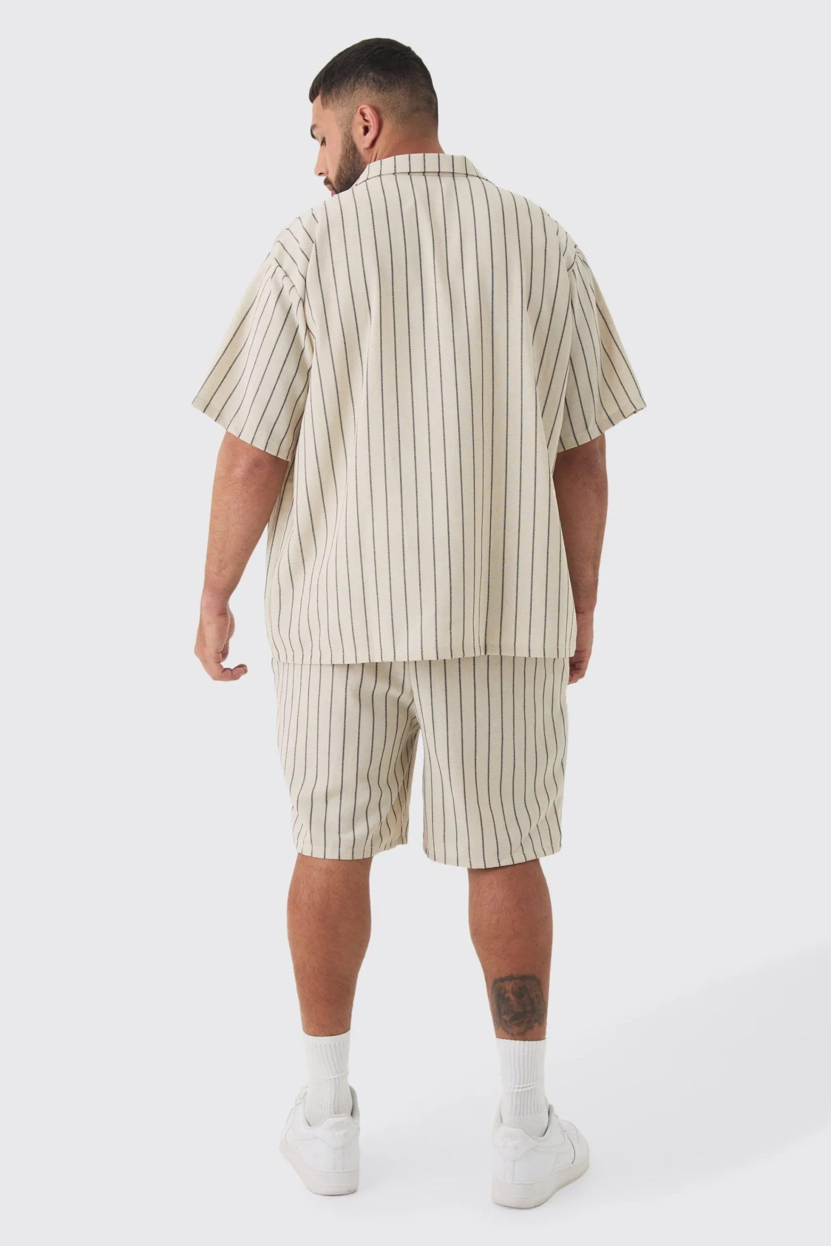 boohooMAN Plus Stripe Linen Revere Collar Shirt & Short Set | UK| Sets & Co-Ords